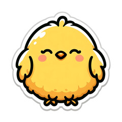 a fluffy yellow chick with a round body and closed smiling eyes, outlined in black, sticker style with white die-cut border, clean white background 
