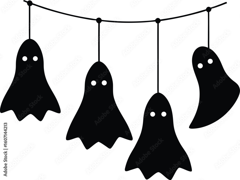 Poster clean and minimal silhouette of hanging ghosts on transparent background isolated on transparent bac
