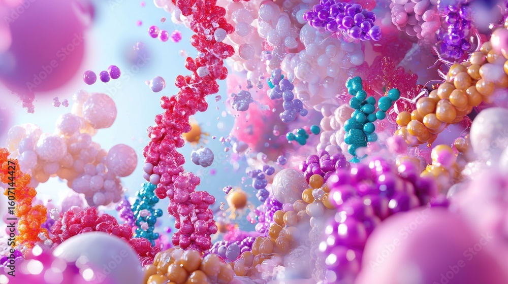 Aufkleber vibrant abstract 3d render of colorful spheres and molecules in dynamic flowing patterns with soft l