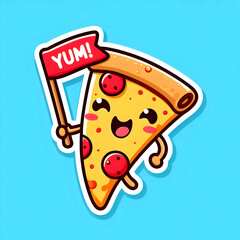 A kawaii-style slice of pizza holding a little flag that says “Yum!”, bright colors, simple cartoon lines, white sticker outline, clean flat background