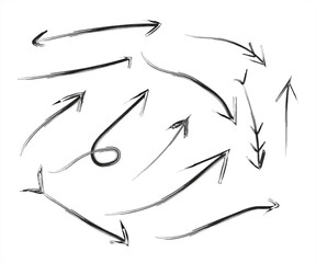 Hand drawn sketch style black arrows collection with rough brush strokes on white background