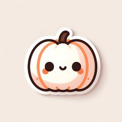 a minimal and cute Halloween sticker featuring a small pumpkin character with a shy smile, soft orange tones, and clean white background