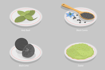 3D Isometric Flat Vector Illustration of Spice Herbs Seasoning Traditional Culinary Cooking Ingredients, Exotic Spices Set