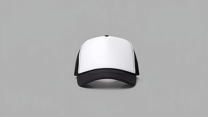 Blank white and black trucker hat with mesh back displayed on a neutral gray background