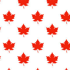 Seamless pattern of red maple leaves on white – iconic Canada-inspired design for celebrations, packaging, branding, or seasonal decor.