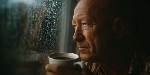 Penisve Elderly Man Drinking Coffee by Rainy Window
