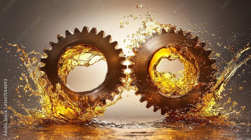 Poster metallic gears splashed with liquid in artistic composition