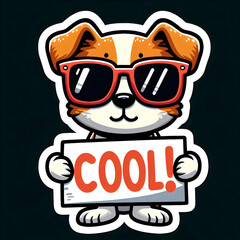  A small dog wearing sunglasses and holding a sign that says “Cool!”, fun cartoon sticker style, bright colors, bold lines, white outline