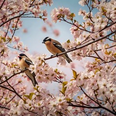 Fototapeta premium Spring Serenade Two Bullfinches Perched Among Blossoming Cherry Tree Branches Under a Soft Blue Sky