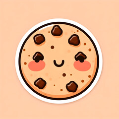 A smiling cookie with uneven chocolate chips and blushing cheeks, cute face, outlined in white, light peach background, flat sticker layout