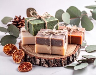 Handmade, natural soap in an autumnal arrangement. Natural cosmetics. Beauty or spa backdrop. Natural fabrics and materials.