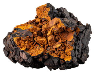 Raw Chaga Mushroom Chunk with Cracked Surface and Deep Orange Interior, Isolated Front View, Transparent Background