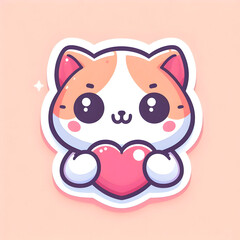 A sticker-style digital illustration of a happy cat holding a heart, pastel tones, rounded shapes, big eyes, white outline, clean background