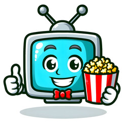  A TV-shaped character with a smiling face and antennae, holding popcorn, sticker-style cartoon design, bright colors, fun vibe, white outline