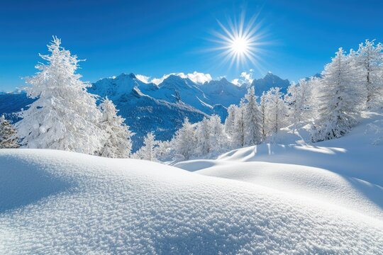 Winter wonderland landscape. Snow-covered alpine trees under a brilliant blue sky with a sunburst - Powered by Adobe