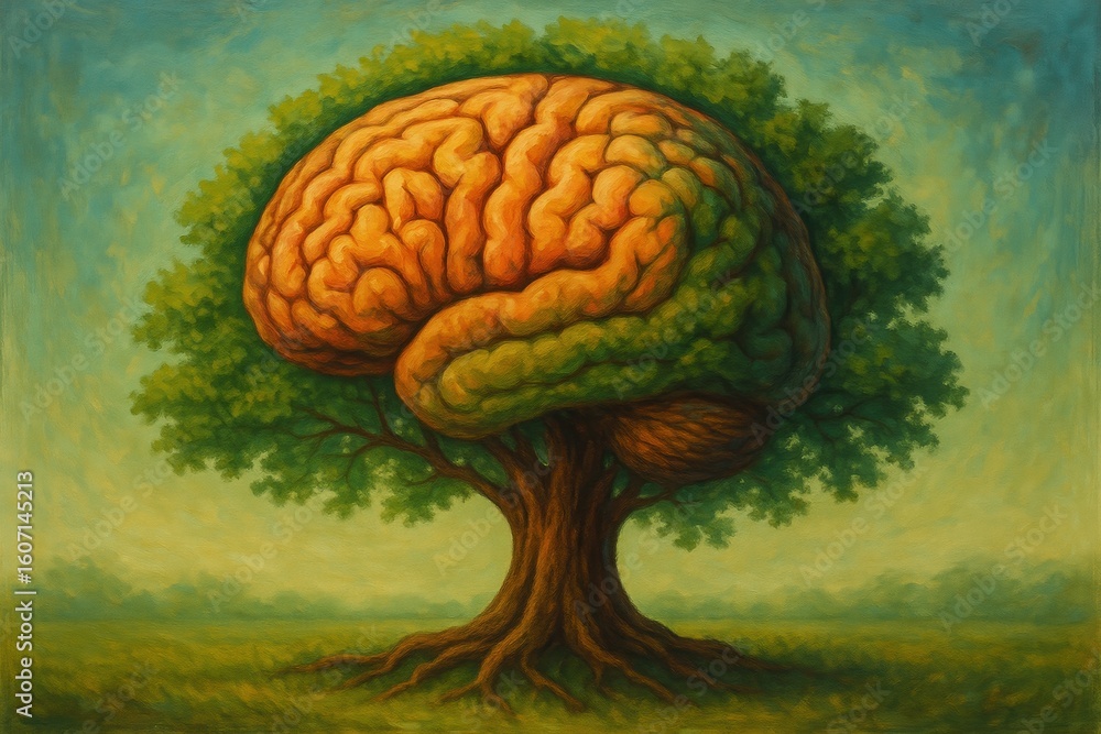 Poster brain tree: an artistic depiction of the human brain intricately interwoven with a tree, representin