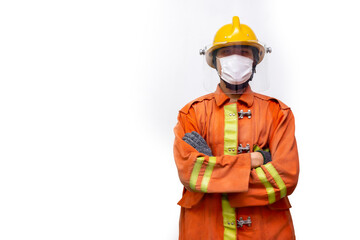Firefighter rescue, fireman standing portrait wear protective mask to prevent coronavirus...