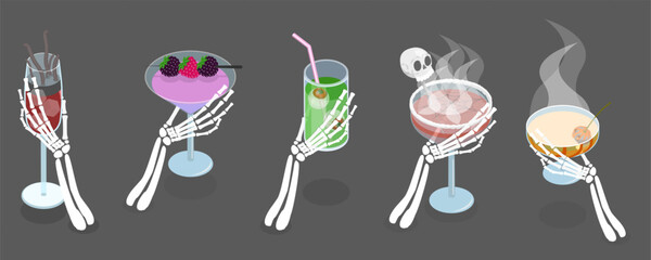Fototapeta na wymiar 3D Isometric Flat Vector Illustration of Halloween Drinks, Collection Of Skeleton Hands Holding Spooky Halloween Coctails