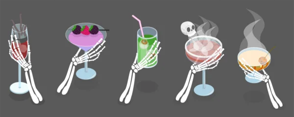  3D Isometric Flat Vector Illustration of Halloween Drinks, Collection Of Skeleton Hands Holding Spooky Halloween Coctails © TarikVision