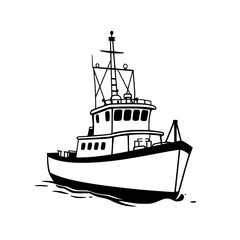 Obraz premium Tugboat at Sea: A bold monochrome line art illustration depicts a sturdy tugboat navigating the ocean waves, showcasing its powerful design and maritime character.