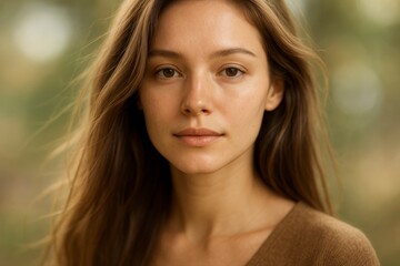 Fototapeta premium Portrait of a young woman with long brown hair looking at the camera silhouette