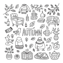 Whimsical Autumn Elements and Cozy Line Art Icons Featuring Leaves, Sweaters, Candles, Mugs, and Books – Black and White Fall Season Design, Coloring book, Coloring page