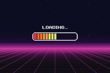 LOADING. pixel art. 8 bit. retro game. for game assets in vector illustrations. Retro Futurism Sci-Fi Background. glowing neon grid and star from vintage arcade computer game.