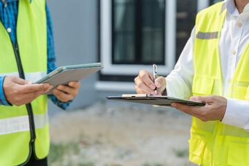 inspector engineer and owner project is inspecting construction and quality assurance new house....