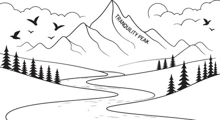 Black and White Landscape Drawing Featuring Mountains River Trees and Birds