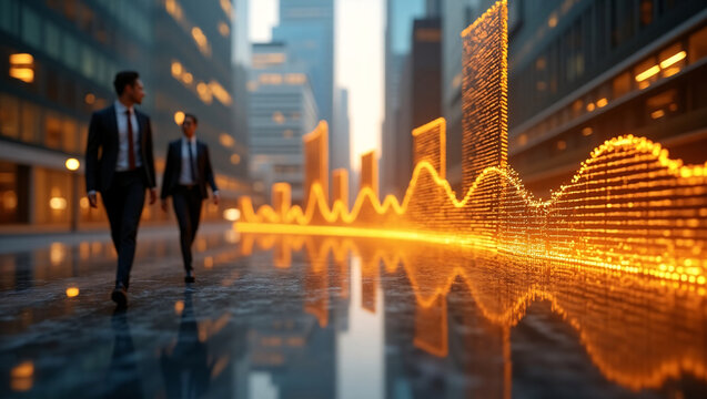 Two businessmen walk on a reflective urban pavement, with glowing financial data visualizations and city buildings in the background.