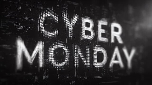 distorted title CYBERMONDAY with pixel glitches and floating code on a dark screen
