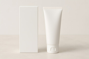 Blank Cosmetic Tube and Packaging Box on Neutral Background