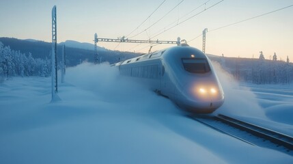 Sleek High-Speed Train Navigates Through Deep Snow in Winter Sunrise Landscape Capturing Adventure and Travel