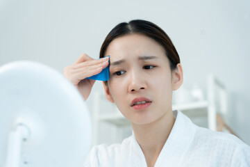 Oily face problem, Woman worried about face Dermatology, large pores, uneven face, sensitive skin,...