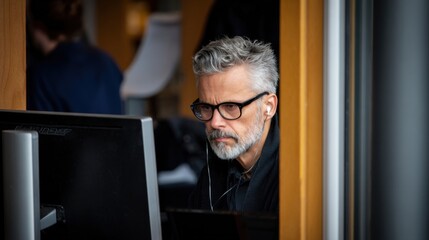 A middle-aged man with short hair and glasses is sitting at his desk, wearing earphones and working on the computer in an office environment. 