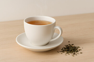 White Cup of Hot Tea with Loose Leaves on Wooden Table