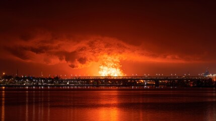 Fototapeta premium Massive nighttime fire over city bridge