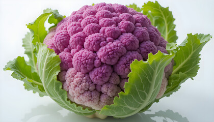Fresh cauliflower head with green leaves on transparent background
