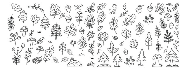 Botanical Nature Icon Pack with Hand-Drawn Leaves, Mushrooms, Acorns, and Trees – Trendy Black and White Vector Design for Eco-Friendly and Forest