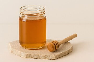 Blank Glass Jar of Honey with Wooden Dipper on Beige Stone