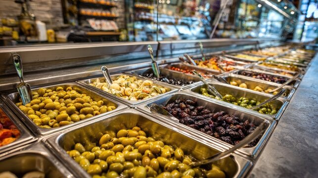Food display with olives and other preserved goods