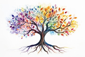 Colorful, vibrant tree with rainbow leaves, detailed roots against a white background.  Watercolor-style