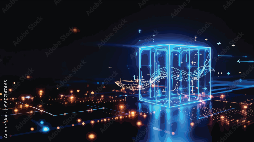 Poster futuristic digital concept of data flow displaying information and emerging technologies.
