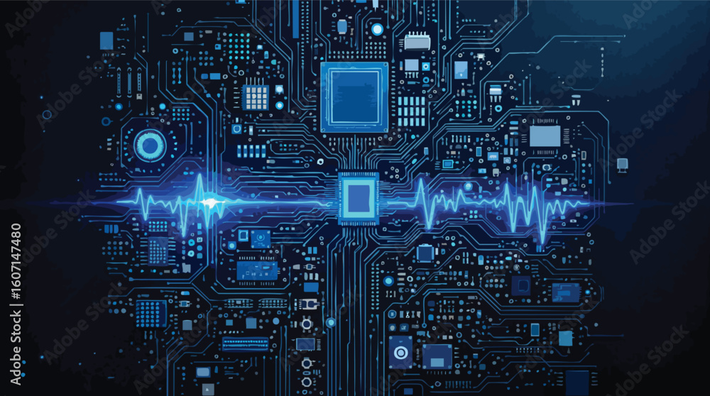 Poster futuristic digital circuit board design depicting technology and data processing communication.