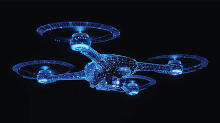 Futuristic digital representation of a drone with glowing blue geometric connections.