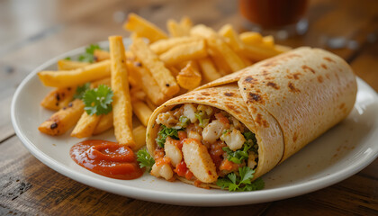 Grilled chicken wrap served with fries and ketchup on a white plate