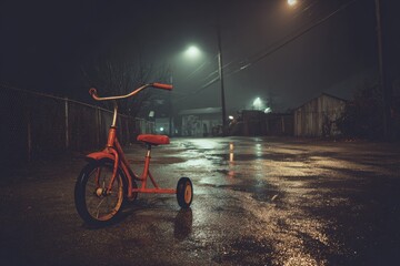 Red tricycle on a wet, foggy alley at night