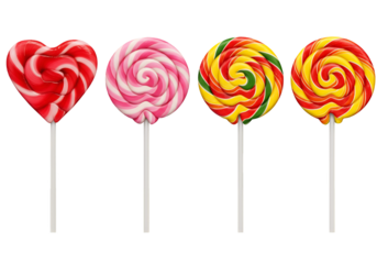 Four colorful swirl lollipops and a heart shaped lollipop isolated on transparent background