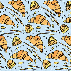 Seamless pattern with french pastries, croissants, grissini and peltier in doodle style on blue