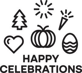 Happy Celebrations Icons Representing Various Holidays and Festive Occasions in Black and White